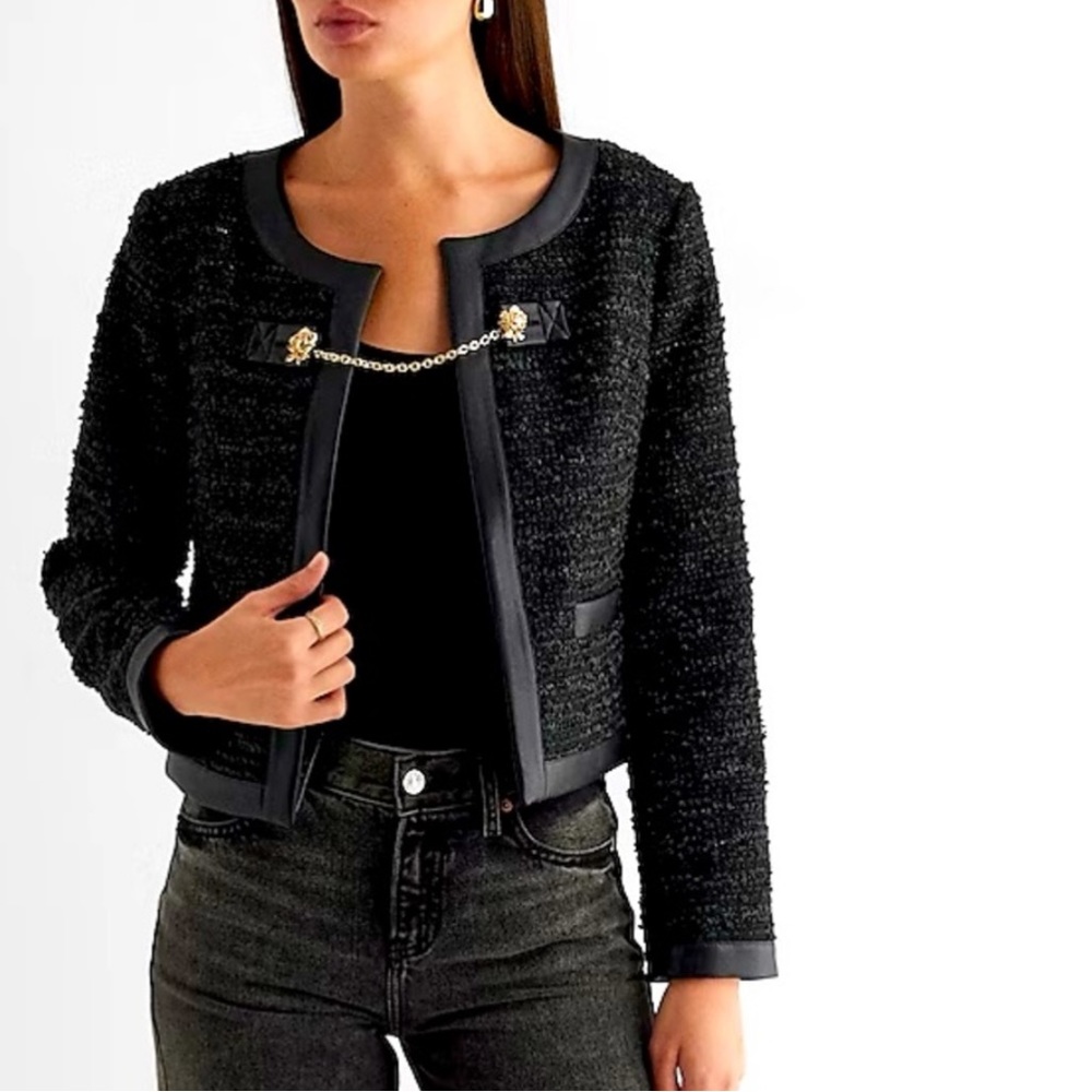 NWT Express Tweed Blazer in Black with Gold Chain, Size Large